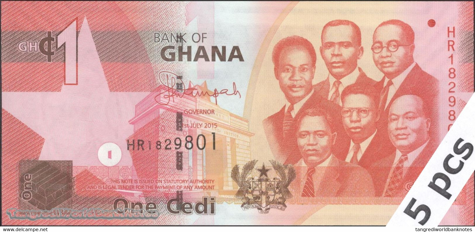 TWN - GHANA 37f - 1 Cedi 1.7.2015 DEALERS LOT X 5 - Prefix HR UNC - Ghana