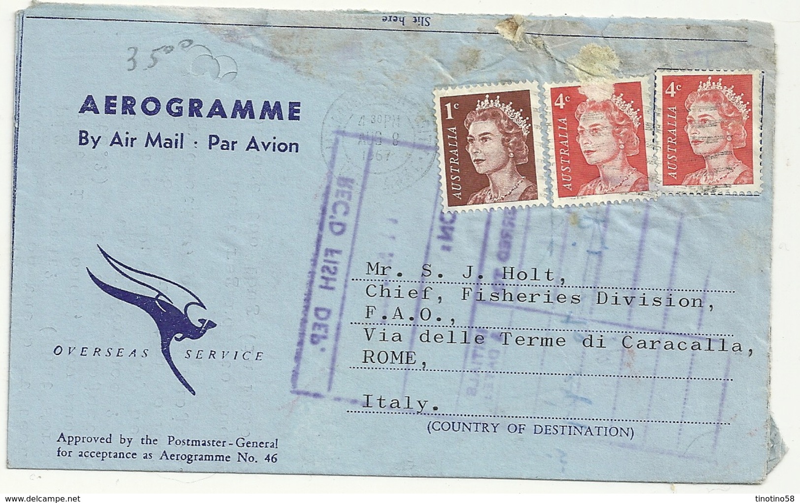 AREOGRAMMA--AIR  MAIL   D.E TRIBE  PROFESSOR OF ANIMAL HUSBANDRY UNIVERSITY  OF  MELBOURNE 1967 - Aerogrammi