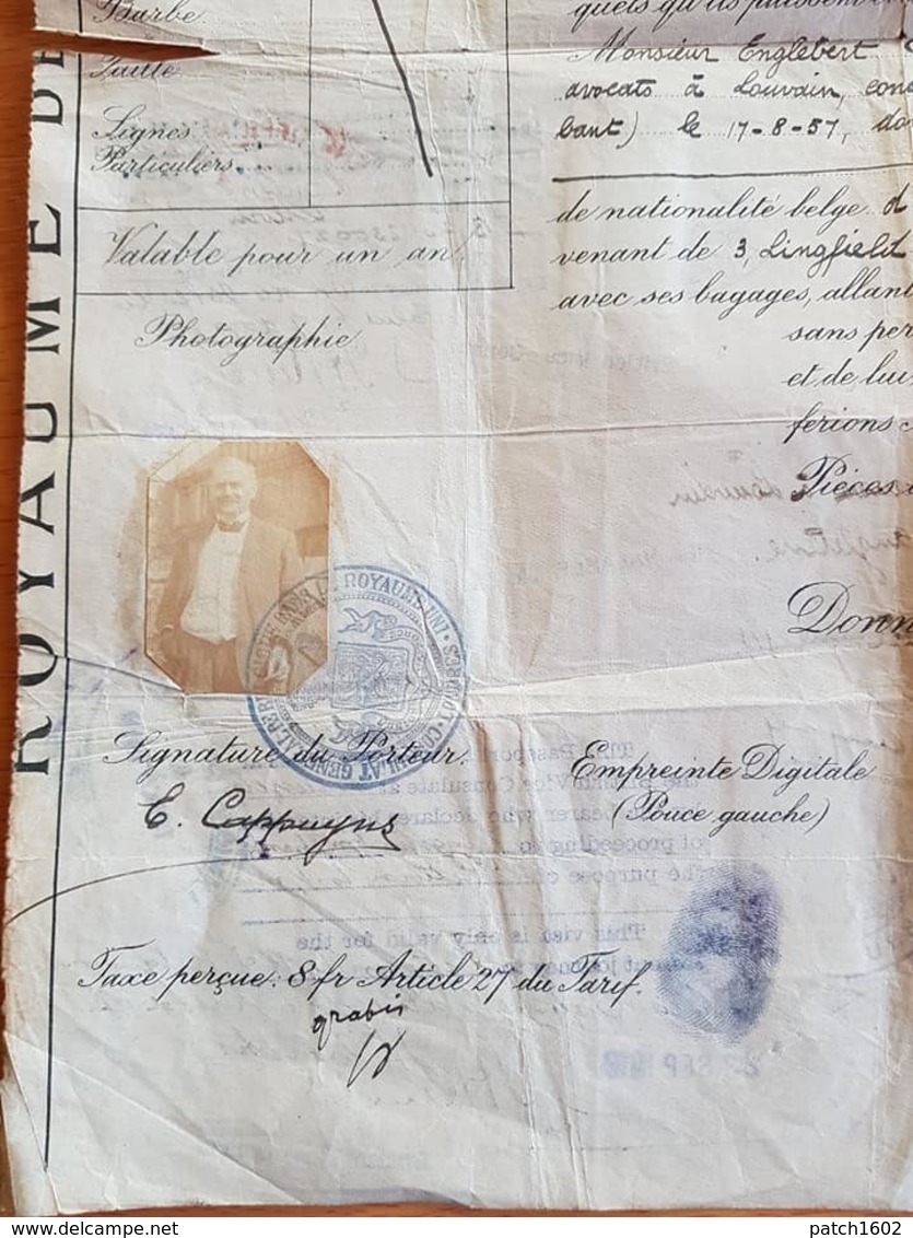 Passeport Consulat Général De Belgique à Londres 26/05/2019 Monsieur Englebert Cappuys Avocat à Louvain - Documentos Históricos