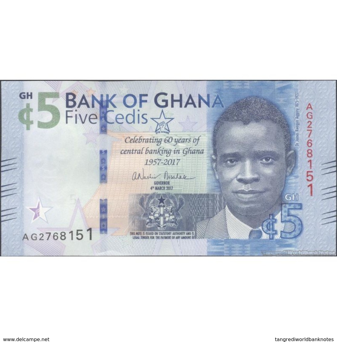 TWN - GHANA 43 - 5 Cedis 4.3.2017 60th Ann. Central Bank - Prefix AG UNC - Ghana