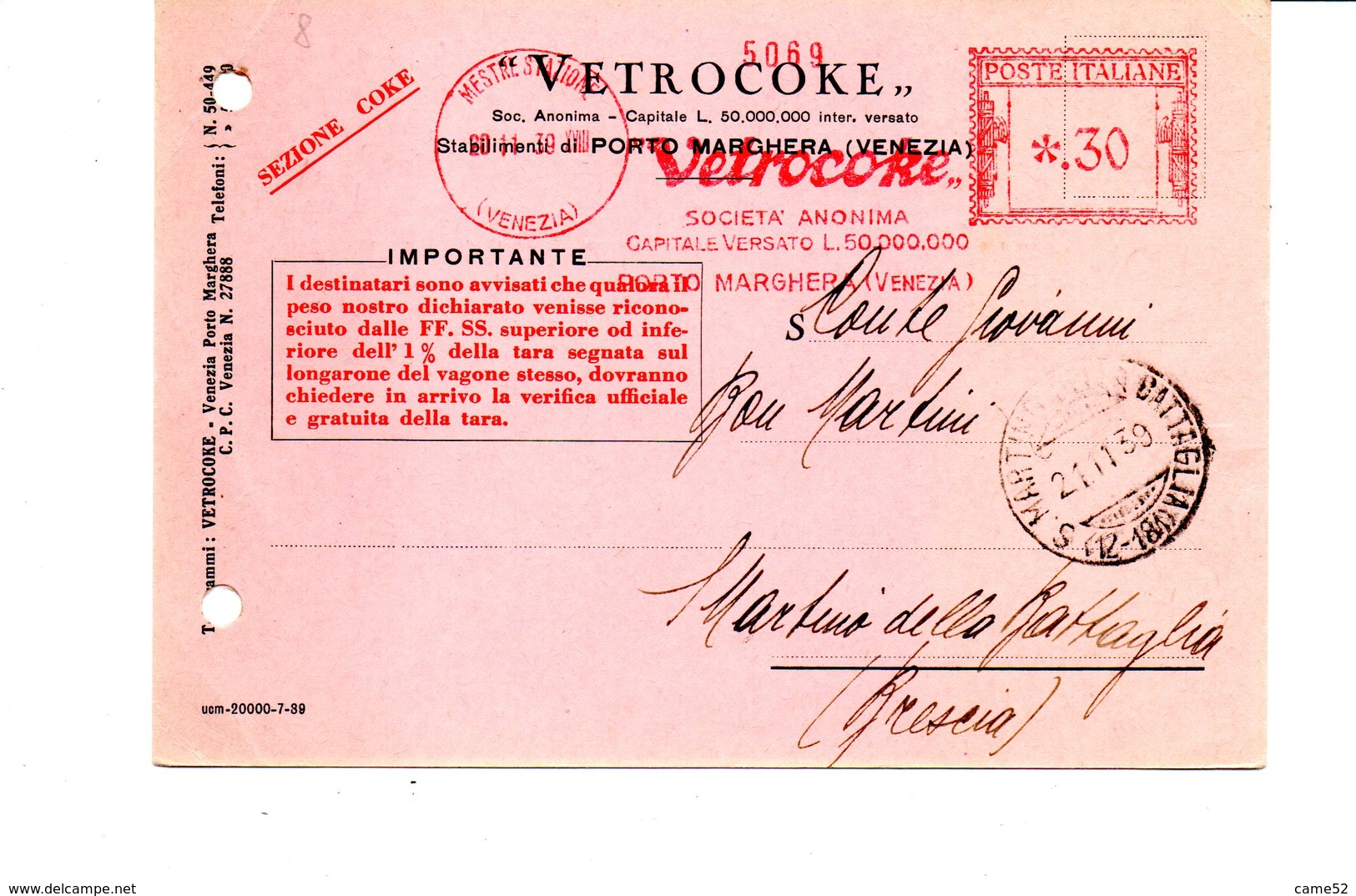 1939 EMA Affrancatura Meccanica Rossa Freistempel Venezia Mestre Vetrocoke Carbone Per Uso Industiale - Machines à Affranchir (EMA)