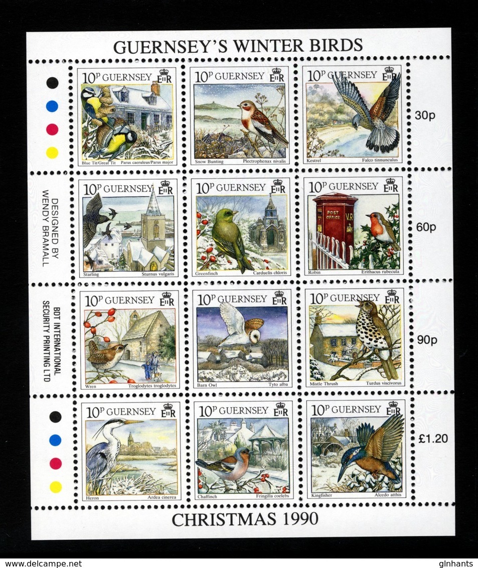 GUERNSEY - 1990 CHRISTMAS WINTER BIRDS COMPLETE SHEETLET (12V) SG 505a FINE MNH ** - Guernsey