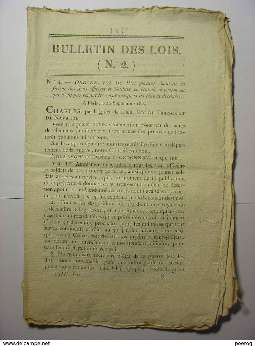 BULLETIN DES LOIS Du 5 OCTOBRE 1824 - AMNISTIE DESERTEURS - GARDES DU CORPS - HOPITAUX ARMEE DE TERRE - GARDES SUISSES - Wetten & Decreten