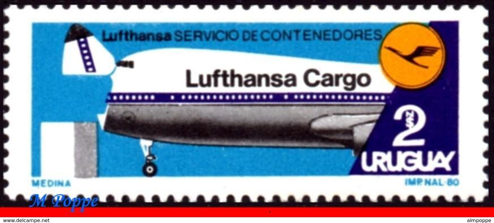 Ref. UR-1064 URUGUAY 1980 - LUFTHANSA CARGO CONTAINER, SERVICE INAUGURATION, MNH, PLANES, AVIATION 1V Sc# 1064 - Uruguay