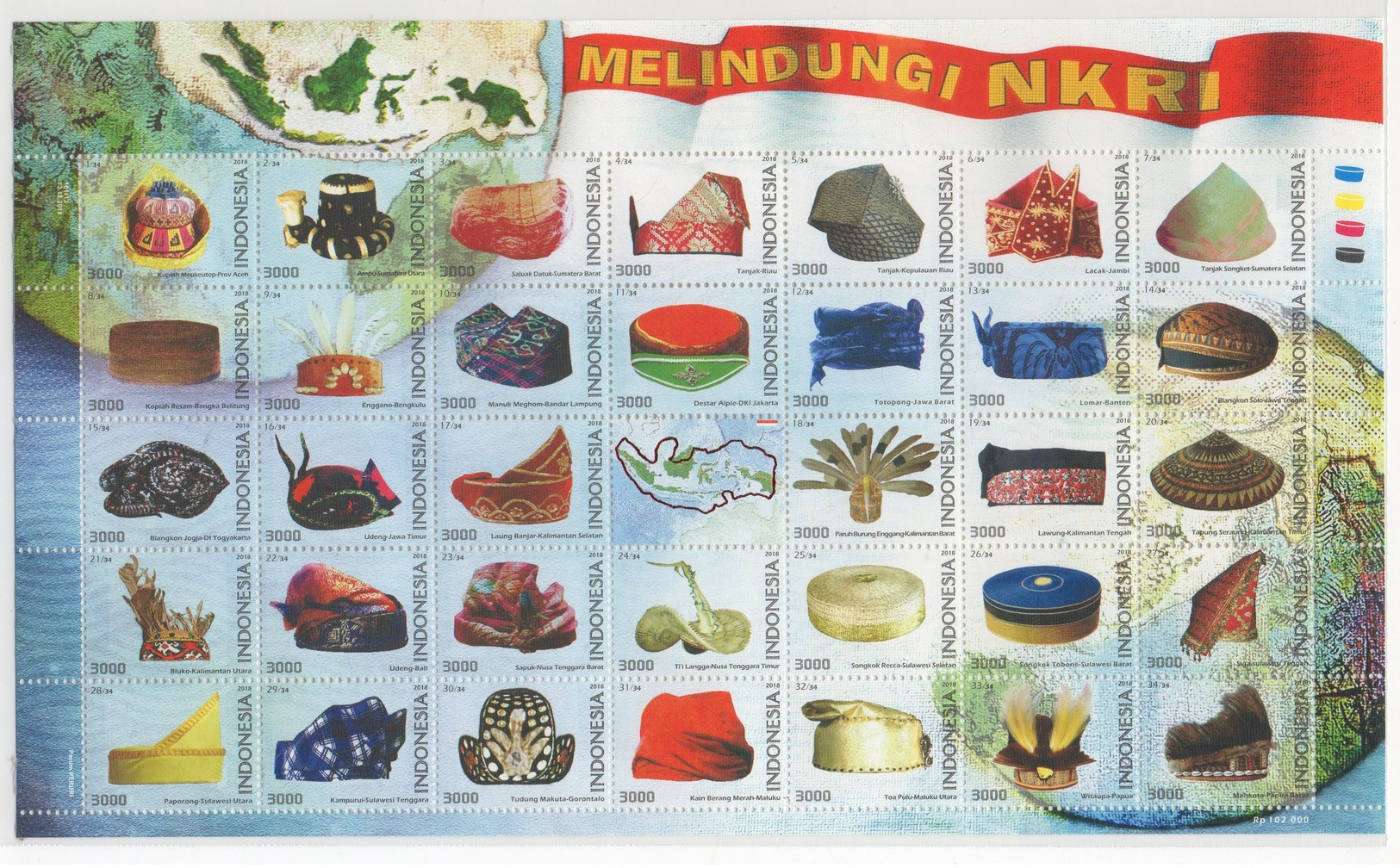 INDONESIA 2018-13 TRADITIONAL CUSTOME HAT GLOBE MAP FLAG FULLSHEET STAMPS MNH - Indonesia