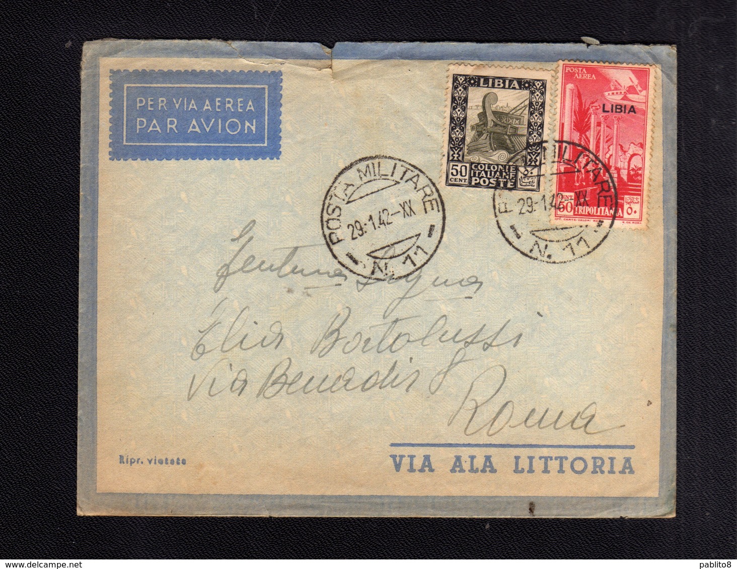 COLONIE ITALIANE LIBIA 29 1 1942 POSTA AEREA AIR MAIL CENT. 50 + PITTORICA CENT. 50 LETTERA COVER - Libya