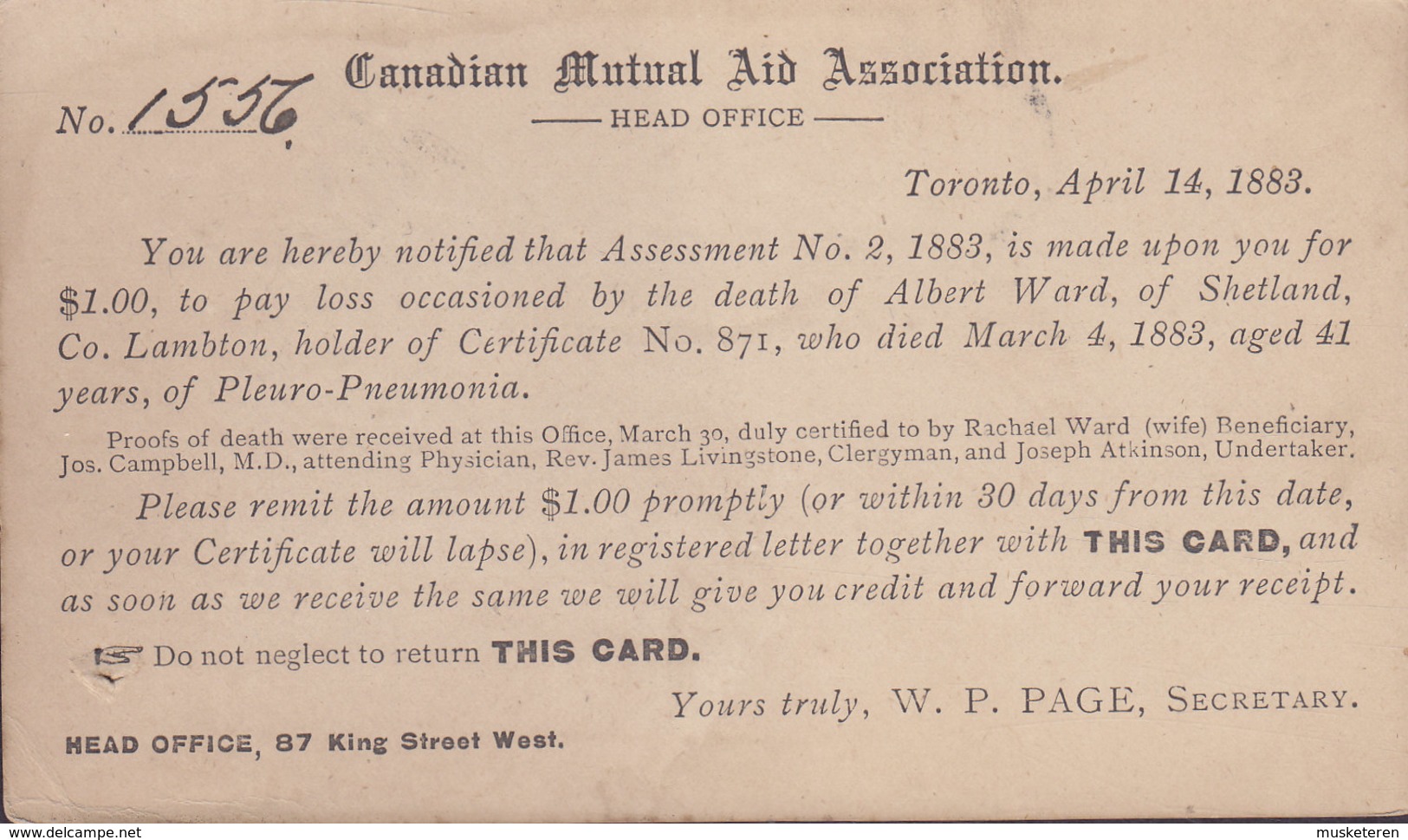 Canada Postal Stationery Ganzsache Victoria PRIVATE Print CANADIAN MUTUAL AID ASSOCIATION, TORONTO 1883 INGERSOLL Ont. - 1860-1899 Règne De Victoria