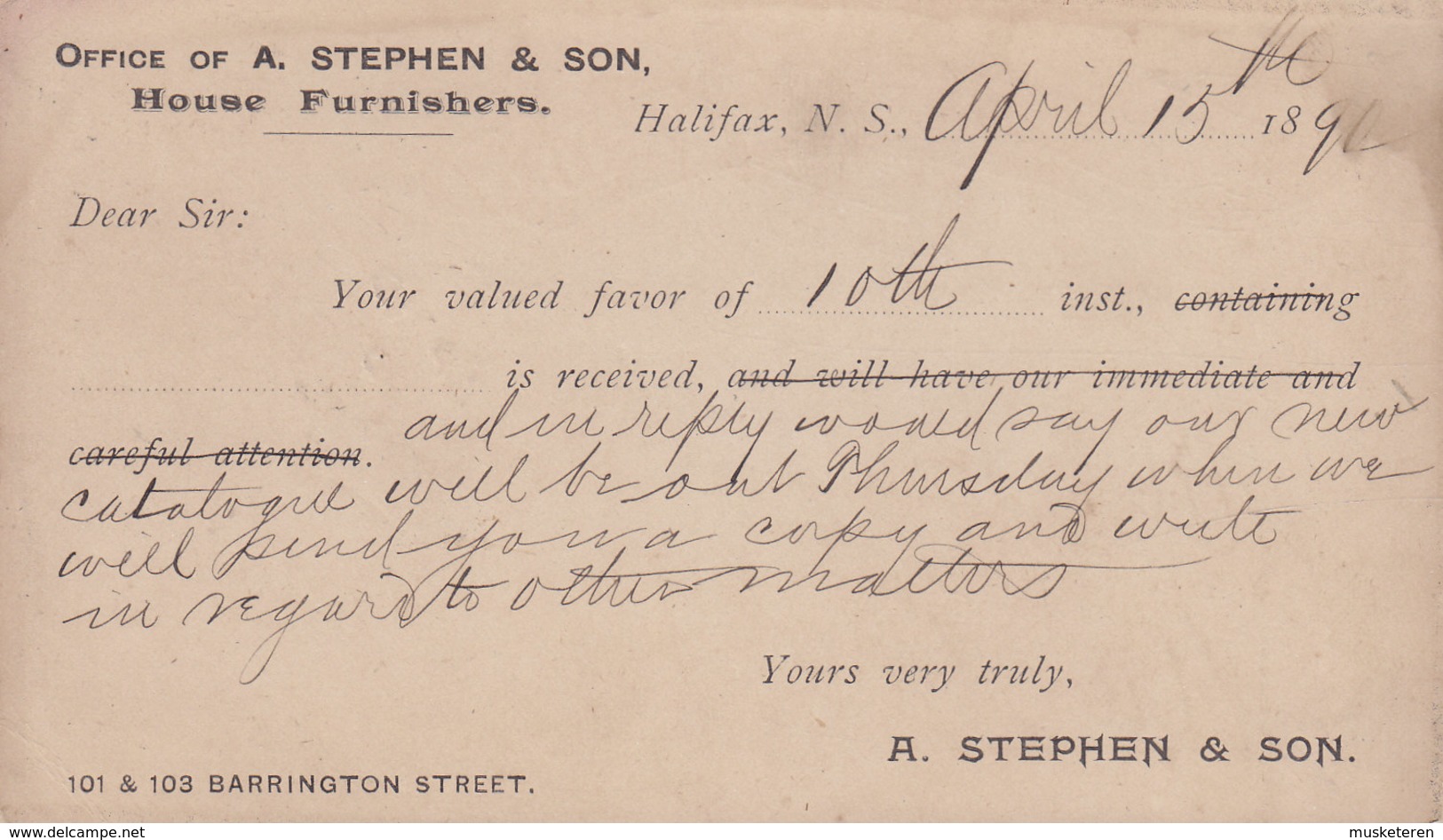 Canada Postal Stationery Ganzsache Victoria PRIVATE Print A. STEPHEN & SON House Furbishers HALIFAX N.S. 1890 SYDNEY C.B - 1860-1899 Règne De Victoria