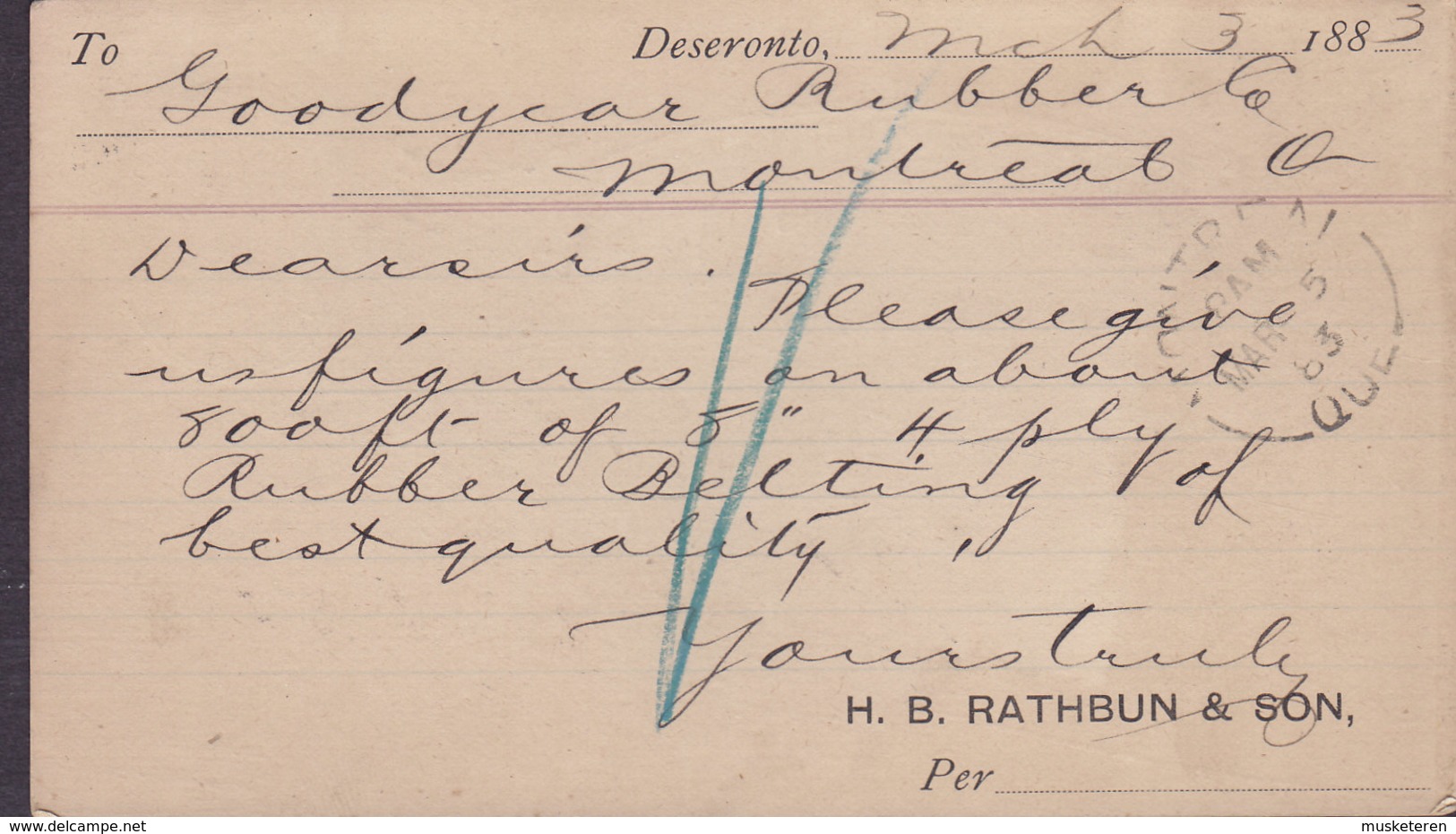 Canada Postal Stationery Ganzsache Victoria PRIVATE Print H. B. RATHBUN & SON, DESERONTO 1883 MONTREAL (2 Scans) - 1860-1899 Règne De Victoria