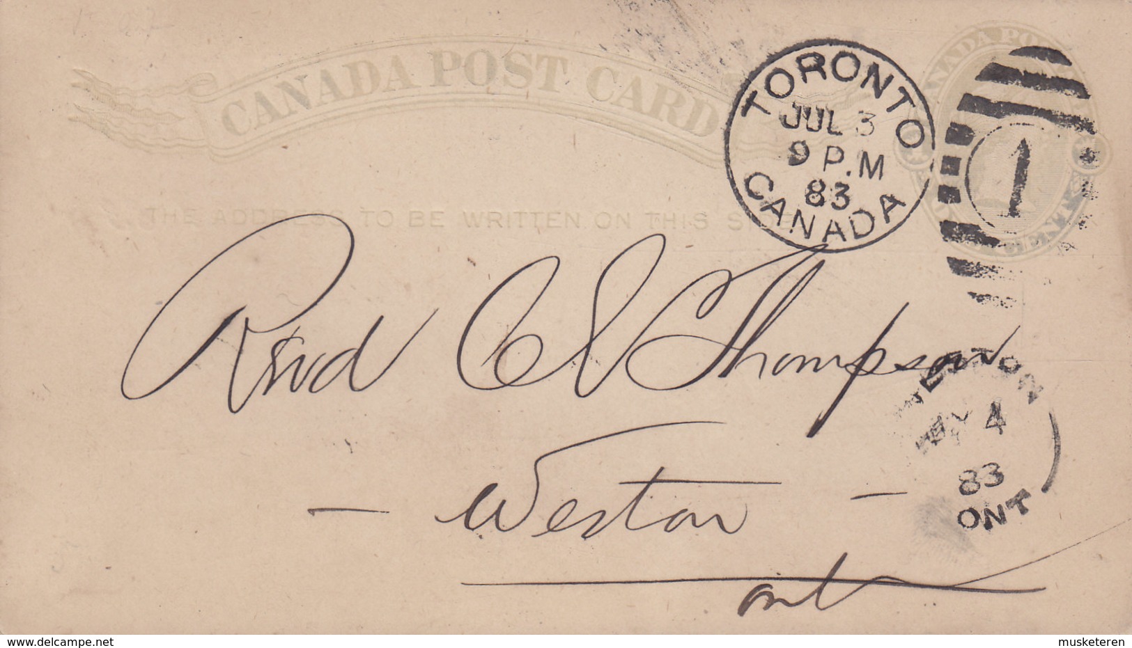 Canada Postal Stationery Ganzsache Victoria PRIVATE Print GENERAL EXPRESS OFFICE, TORONTO 1883 WESTON Ont. (2 Scans) - 1860-1899 Règne De Victoria