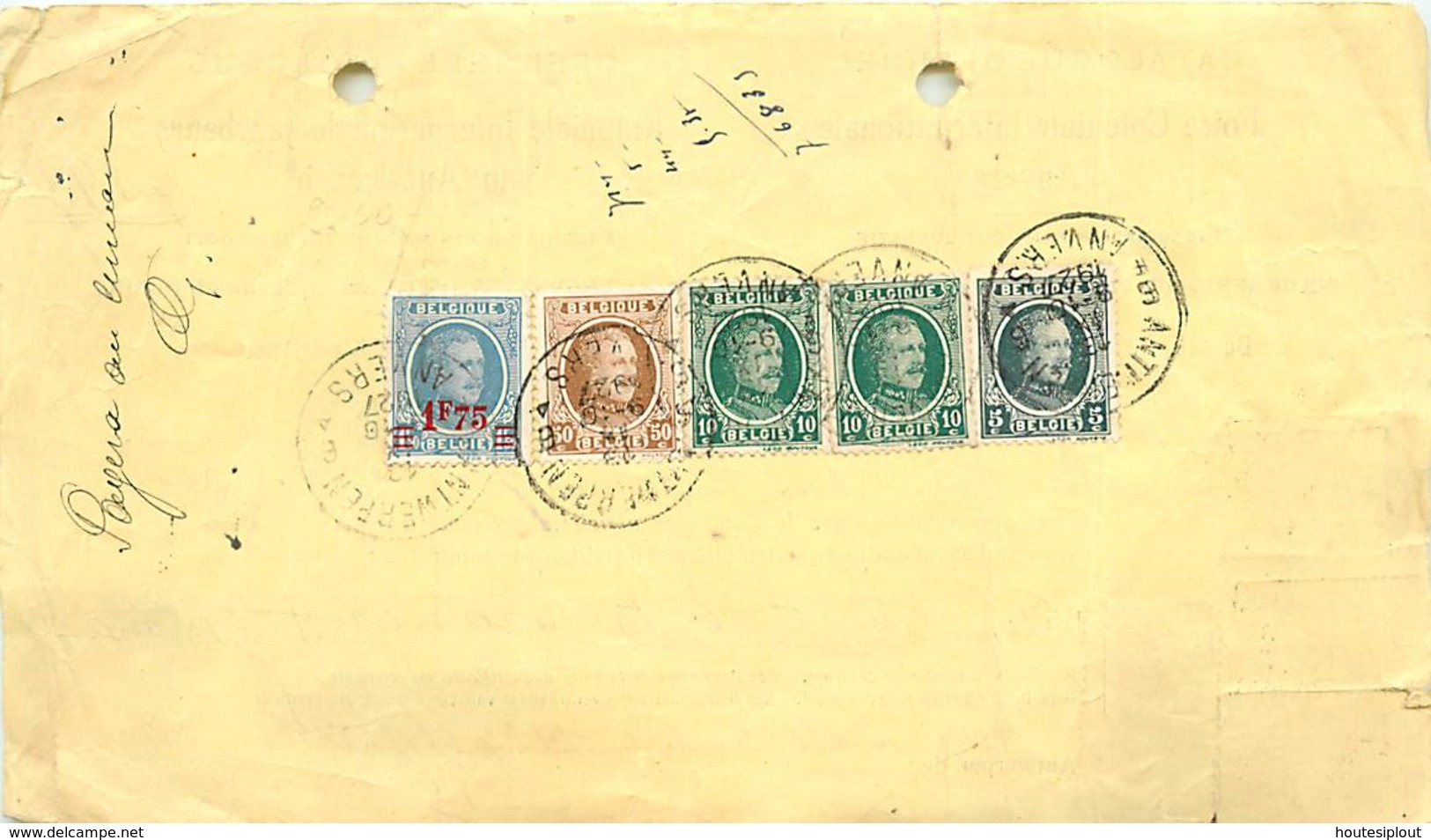 Belgique. TP 193, 194 (x 2), 203 + 248  Reçu 714 Fr  Antwerpen   1927 - 1922-1927 Houyoux