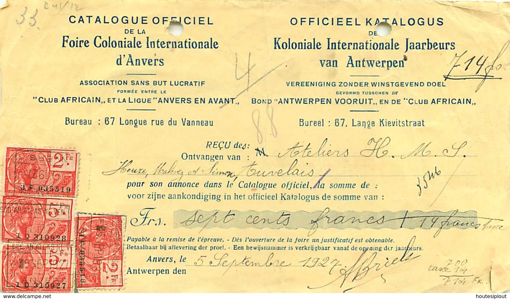 Belgique. TP 193, 194 (x 2), 203 + 248  Reçu 714 Fr  Antwerpen   1927 - 1922-1927 Houyoux