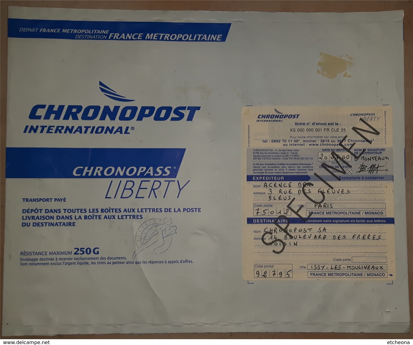 = Enveloppe Spécimen De Chronopost International 250g Chronopass Liberty - Specimen