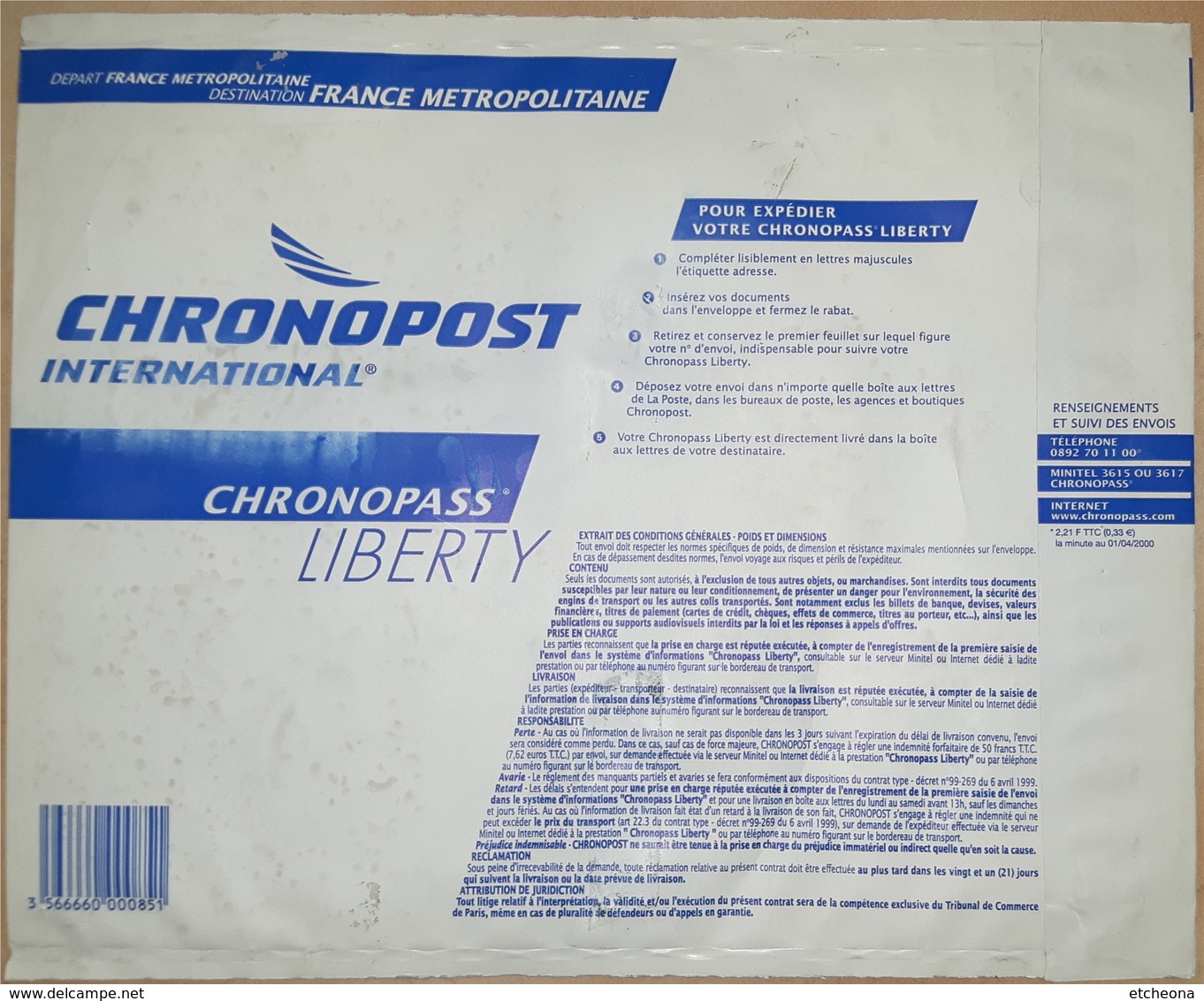 = Enveloppe Spécimen De Chronopost International 250g Chronopass Liberty - Specimen