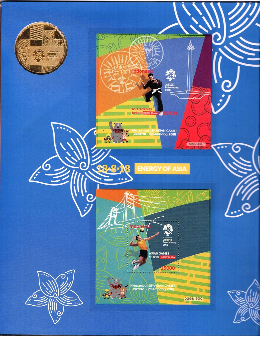 INDONESIA 2018-7 ASIAN GAMES SPORTS BRIDGE 2 STAMPS PACK WITH GOLD COIN MNH - Indonesia