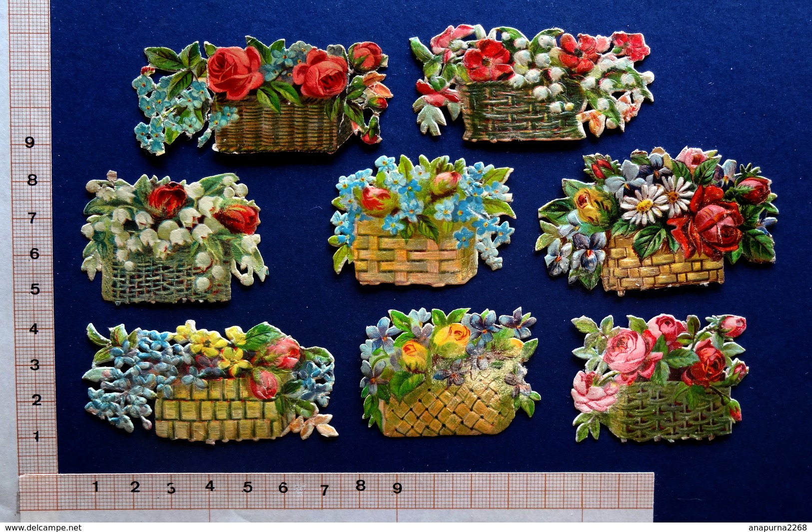 8 CHROMOS DECOUPIS ..PANIER OSIER  AVEC FLEURS DIVERSES - Fleurs