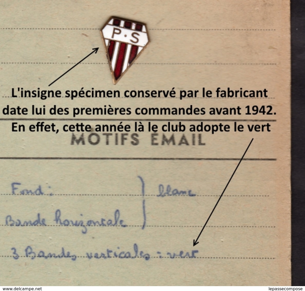 INSIGNE BOUTONNIERE DU PEYREHORADE SPORTIF RUGBY - FICHE FABRICANT DE 1956  ET INSIGNE SPECIMEN ROUGE DE 1940 - Rugby