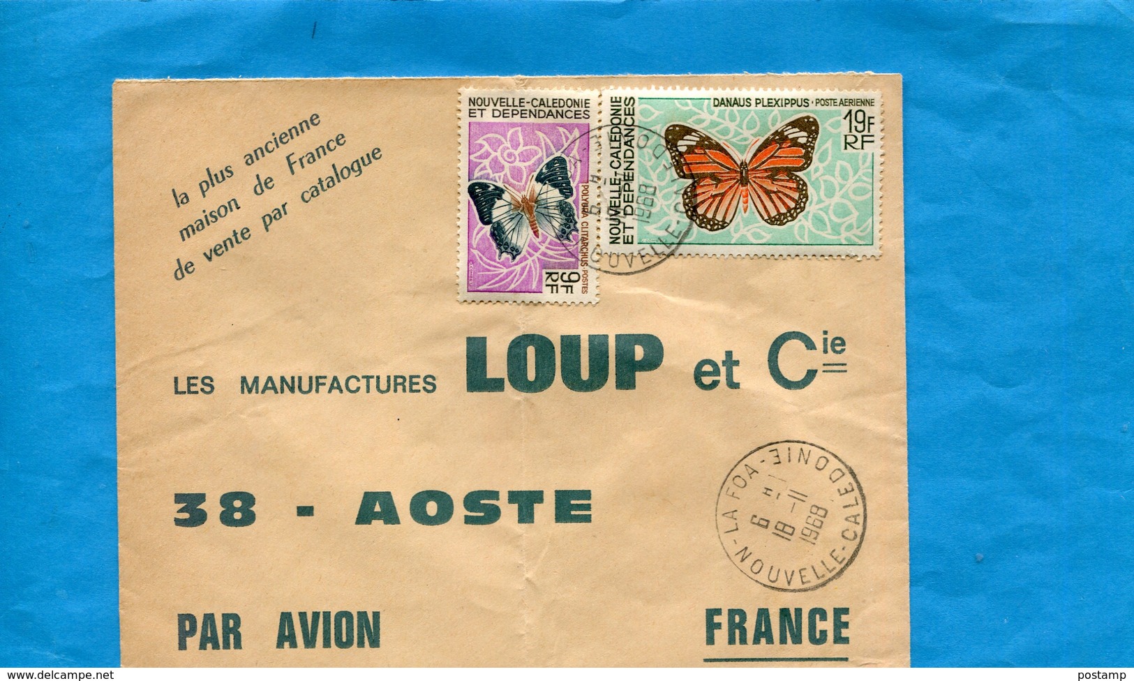 Marcophilie-lettre  -NLLE Calédonie-pour Françe-cad-la Foa-1968-2- Stamps-N°A92+342-papillons-butterfly - Covers & Documents