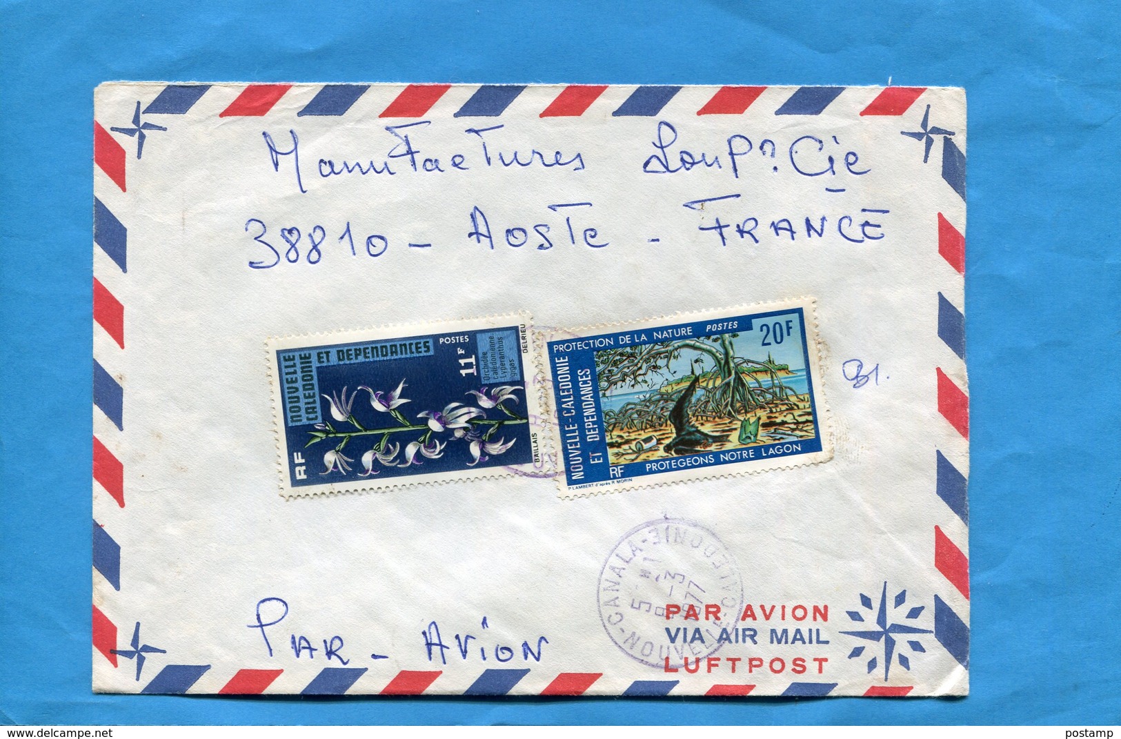 Marcophilie-lettre -NLLE Calédonie-pour Françe-cad-Canala-1977-2- Stamps-N°393 Flower+404 Lagon - Cartas & Documentos