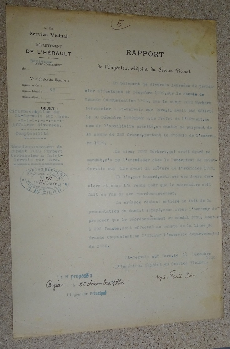 Rapport De L'ingénieur Adjoint Du Service Vicinal  Hérault Béziers Cir. St Gervais Sur Mare 1930 - - Documents Historiques