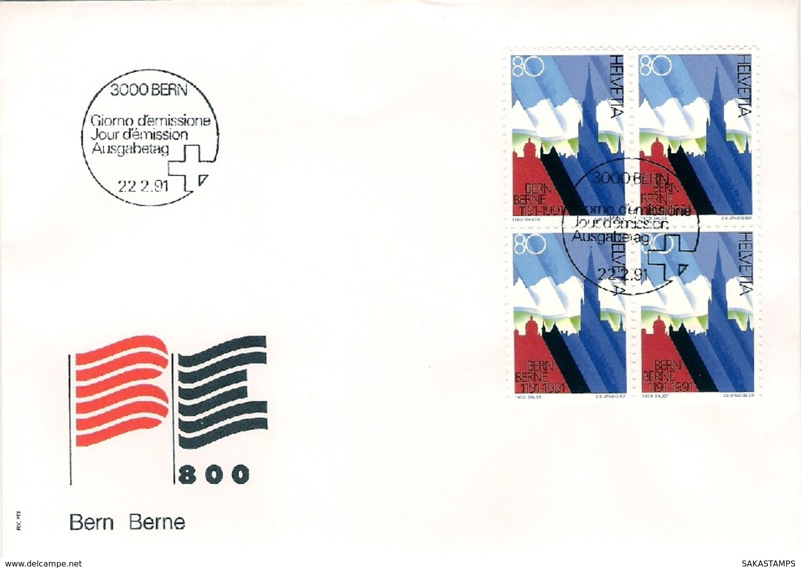 1991-Svizzera Quartina S.1v."8 Centenario Della Citta' Di Berna"su Fdc Illustrata - FDC