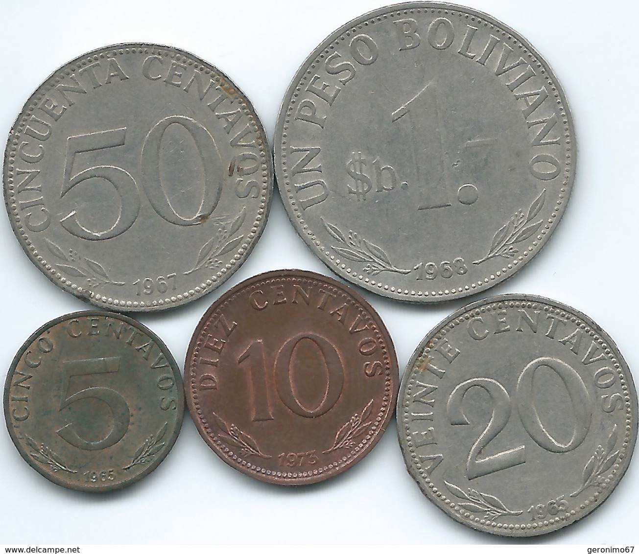 Bolivia - 5 (1965) 10 (1973) 20 (1965) & 50 Centavos (1967); 1 Peso (1968) - (KMs 187-190 & KM192) - Bolivia