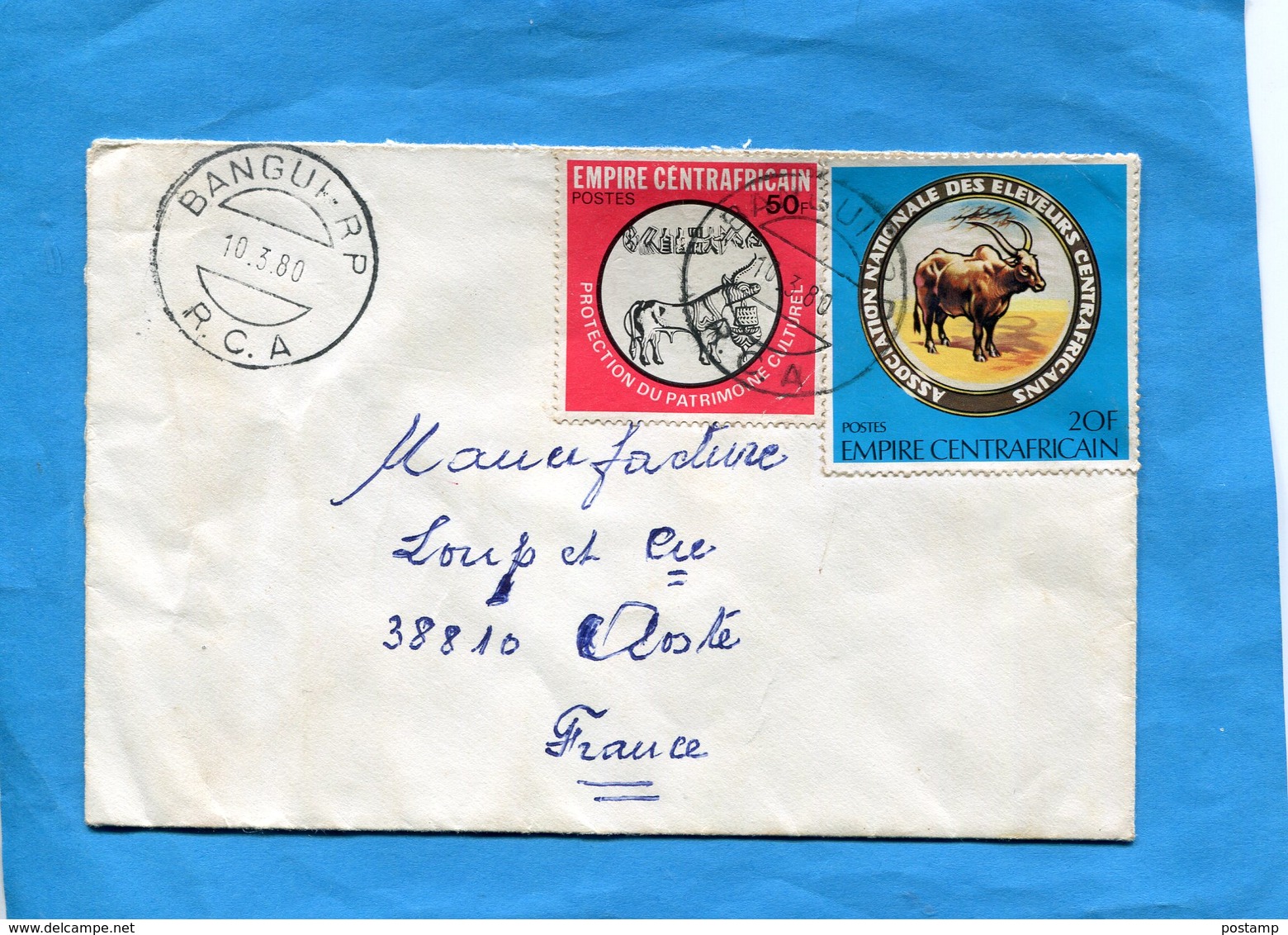 Marcophilie-lettre-EMPIRE CENTRAFRICAIN -pour Françe-cad- -1980-2- Stamps-N°391 éleveurs+patrimoine Culturel - Centraal-Afrikaanse Republiek