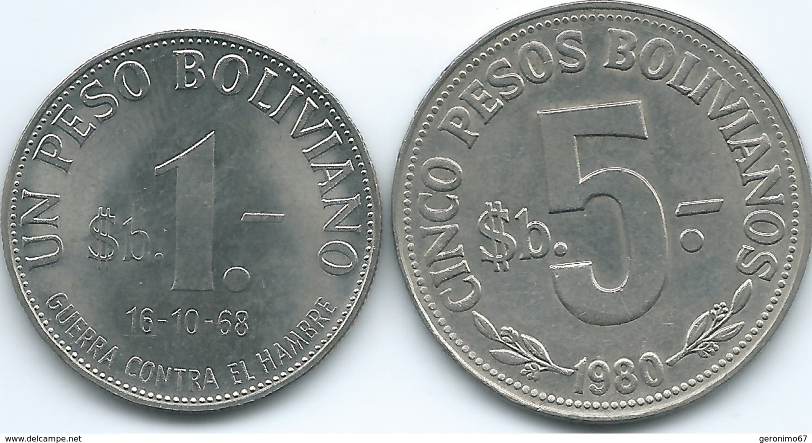 Bolivia - 1 Peso - 1968 - FAO War Against Hunger (KM191) & 5 Pesos - 1980 - (KM197) - Bolivia