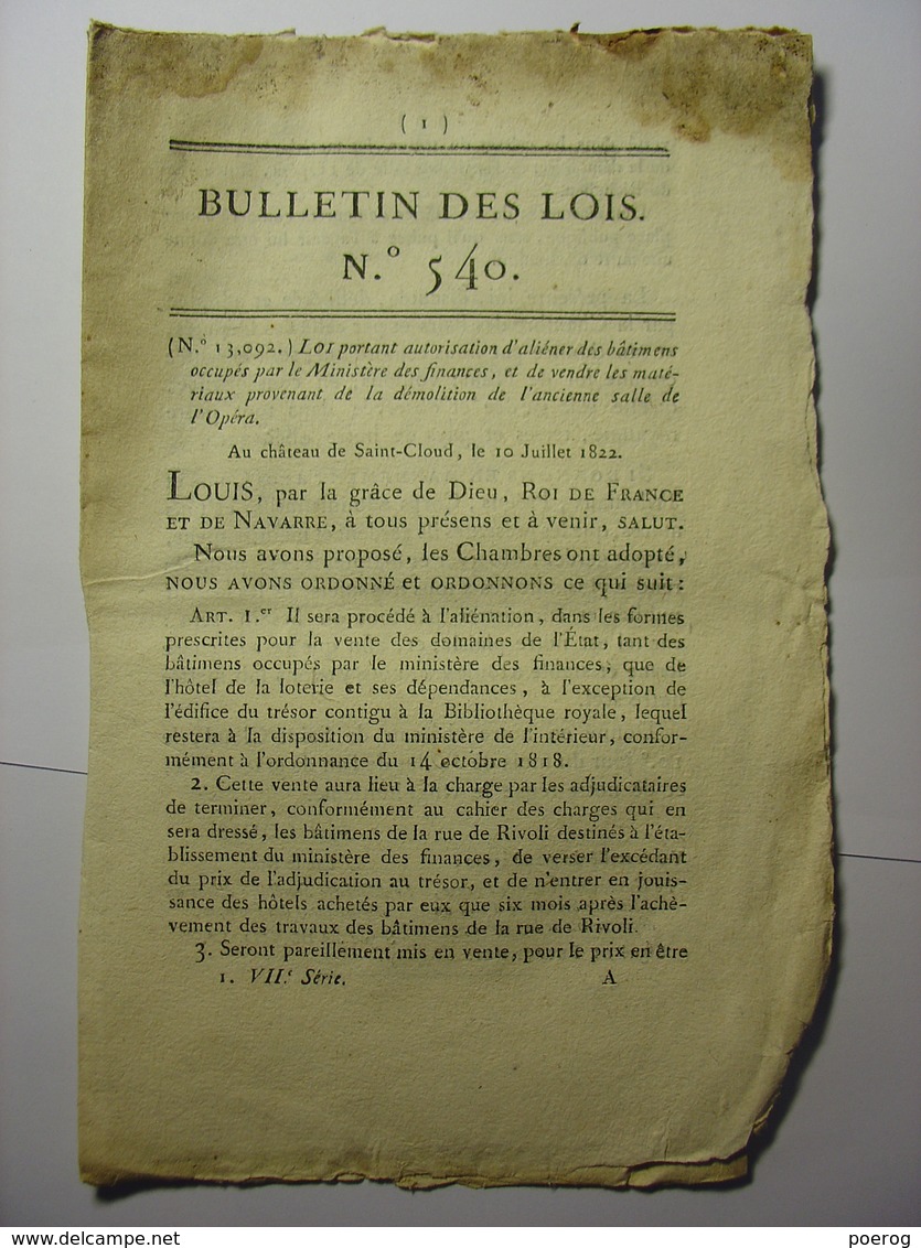 BULLETIN DES LOIS 15 JUILLET 1822 - DEMOLITION ANCIEN OPERA RICHELIEU - INSPECTIONS MILITAIRES MILTAIRE ARMEE - Gesetze & Erlasse