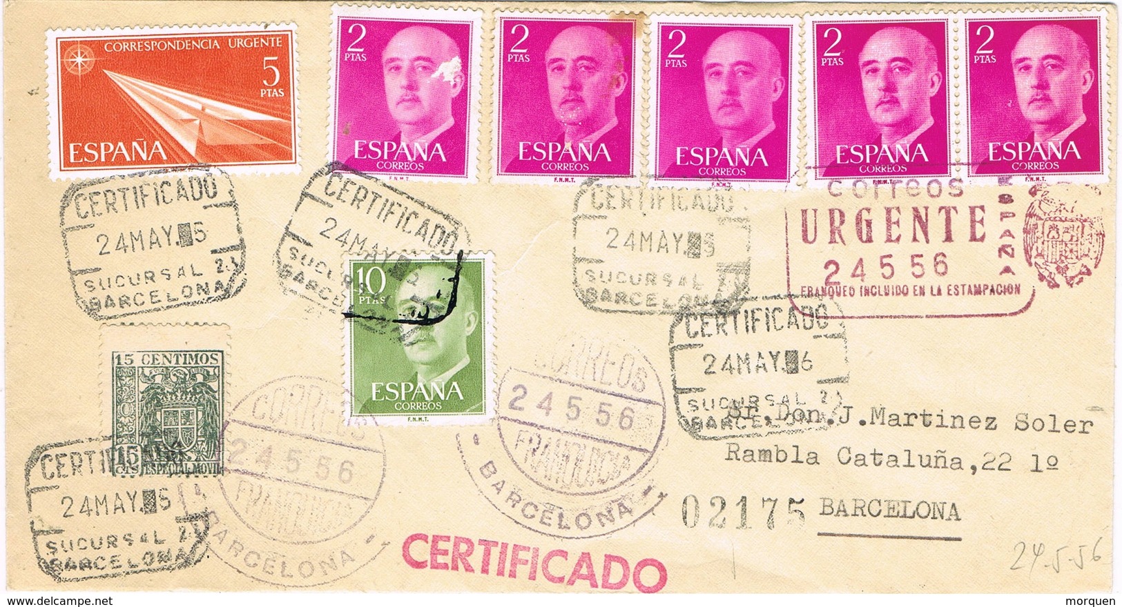 32215. Carta Urgente Certificada BARCELONA 1956. Remitida De IGualada - Cartas & Documentos