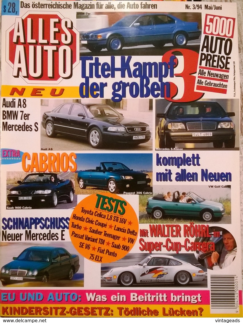 CA015 Autozeitschrift Alles Auto, Nr. 3/1994, Walter Röhrl Im Super-Cup-Carrera, Neuwertig - Auto & Verkehr