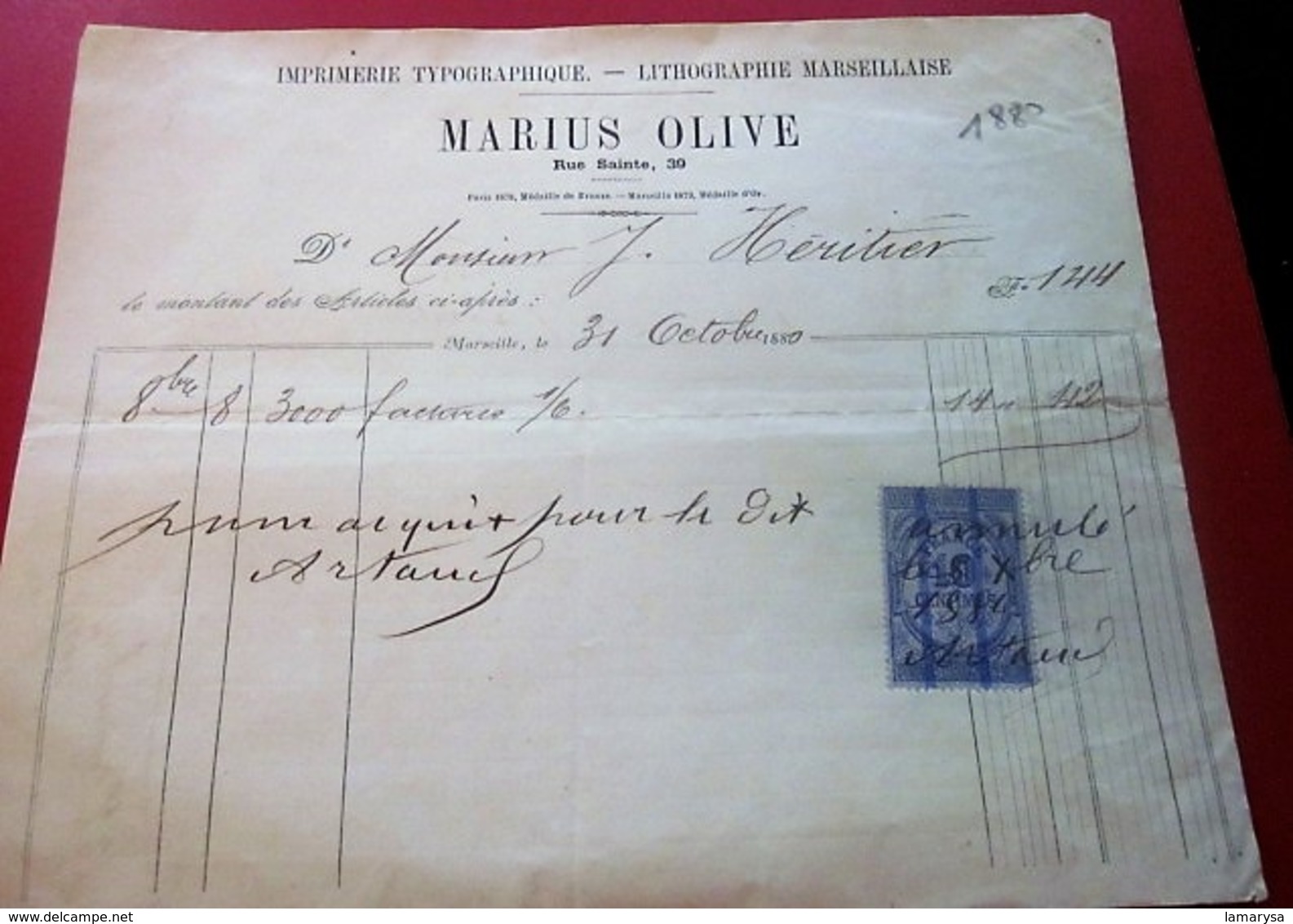 IMPRIMERIE-LITO-TYPO-OLIVE-HERITIER-MARSEILLE Facture Entête Document Commercial Envoice-BILL OF LADING-Manuscrit-FISCAL - 1800 – 1899