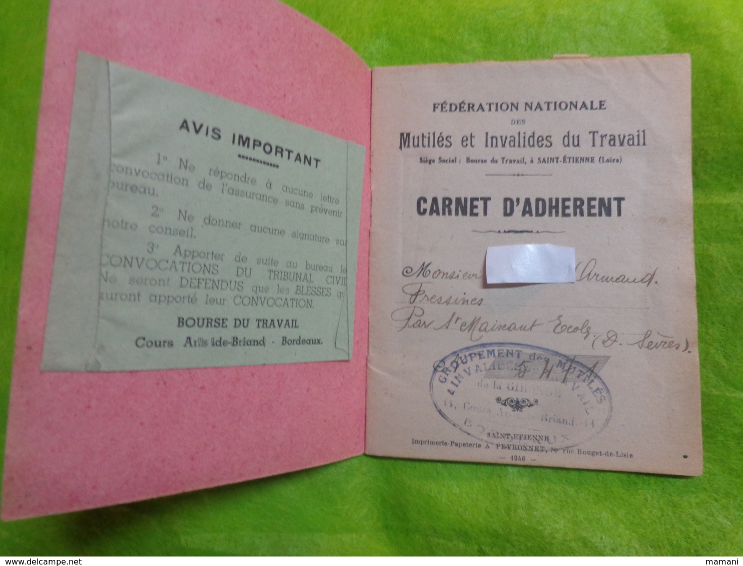 Carnet D'adherent Federation Des Mutiles Et Invalides Annee 1944 Nombreux Timbres - Non Classificati