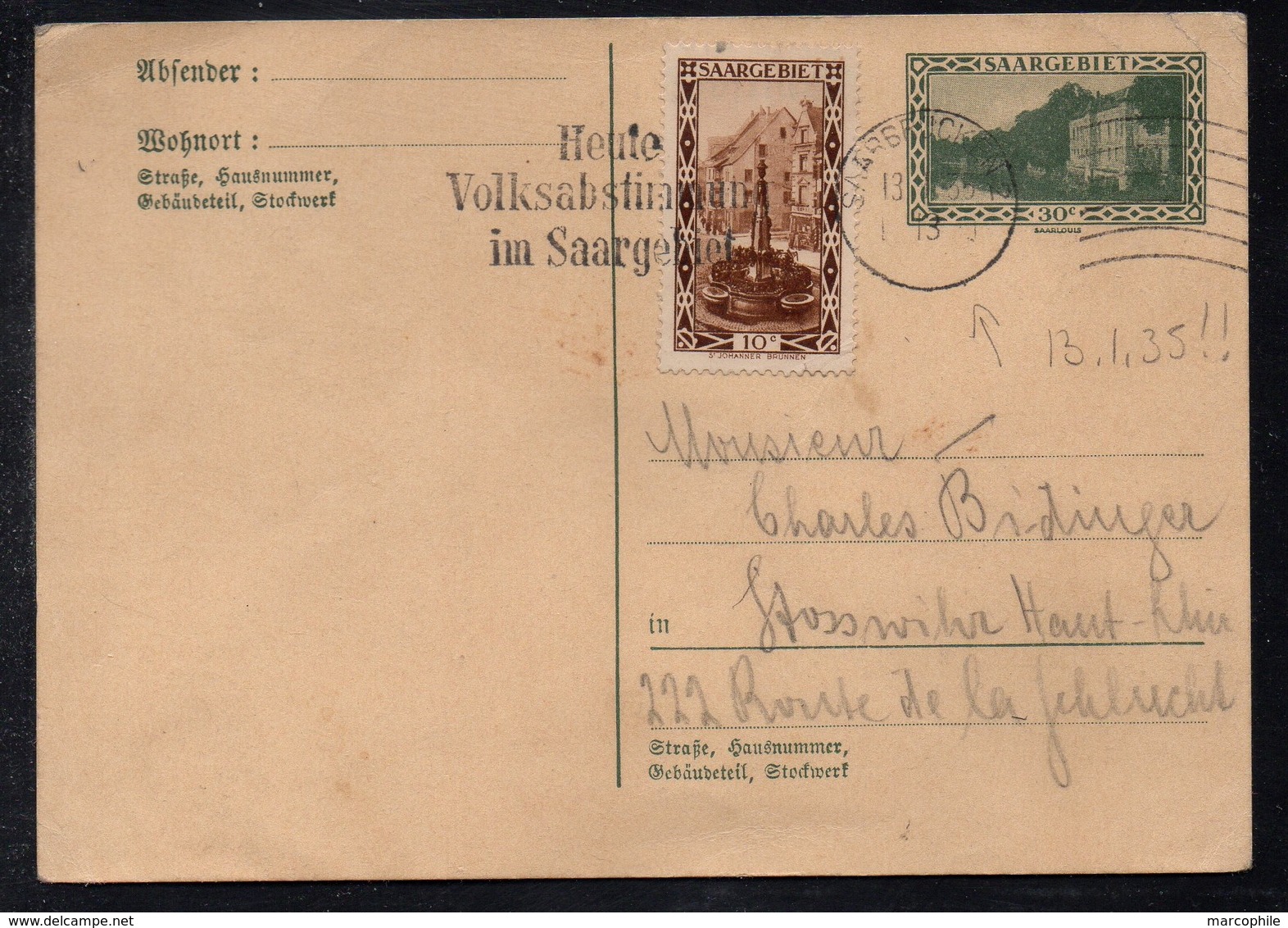 SARRE - SAARGEBIET / 13-1-1935 SAARBRÜCKEN - PLEBISCITE - ENTIER POSTAL POUR LA FRANCE / COTE 78 EUROS (ref 7640) - Postwaardestukken