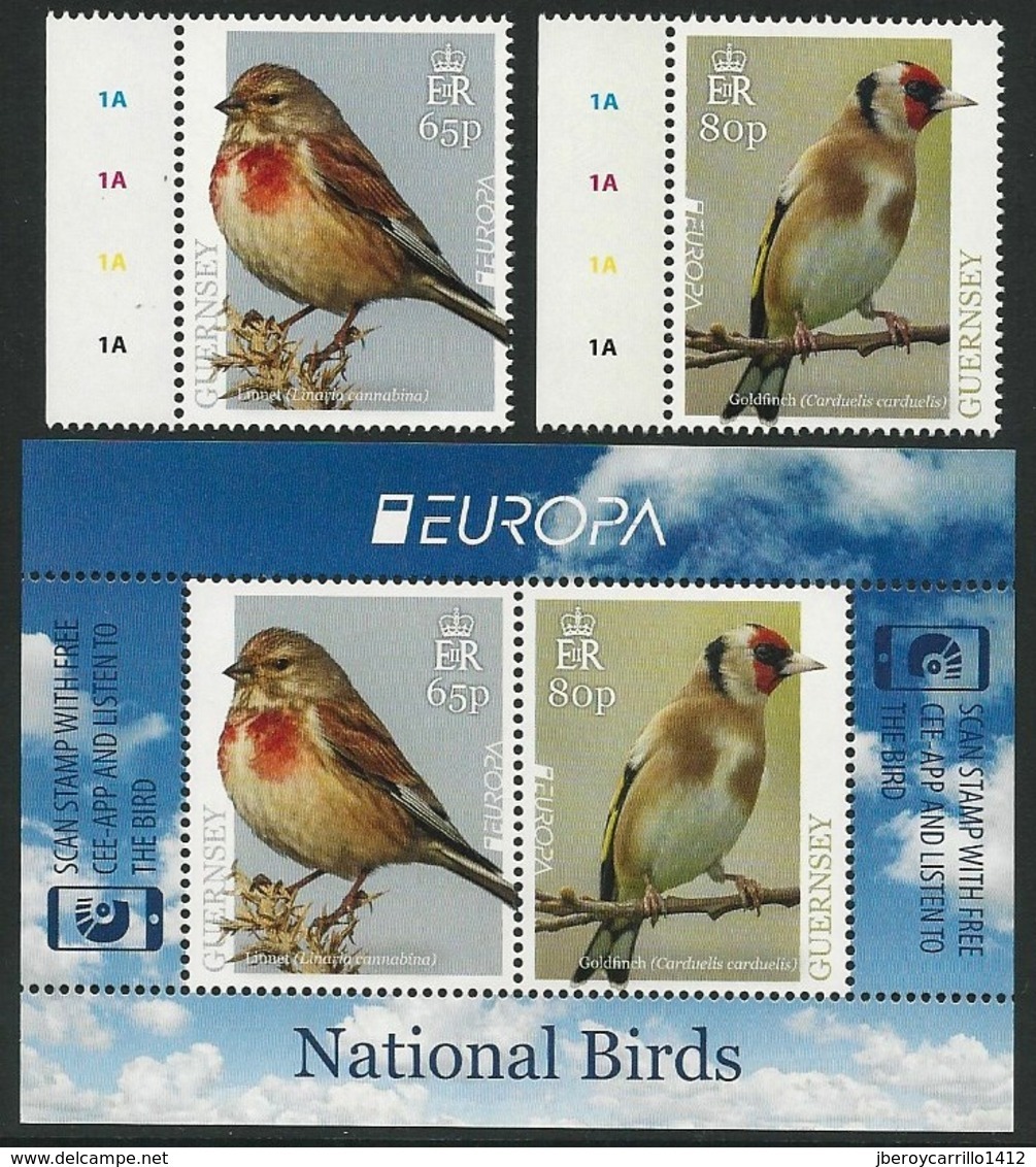 GUERNSEY - EUROPA 2019 - NATIONAL BIRDS & SYMBOLISH.- "AVES - BIRDS - VÖGEL - OISEAUX"- SERIE 2 V. + HOJITA BLOQUE - 2019
