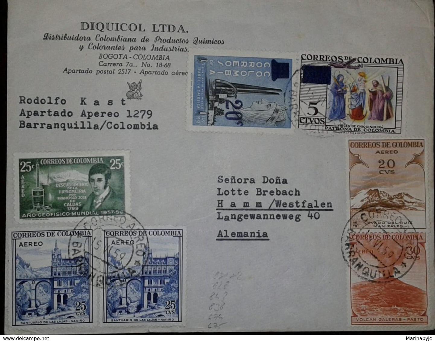 L) 1959 COLOMBIA, FRANCISCO JOSE DE CALDAS, 25C, GREEN, WORLD GEOPHYSICAL YEAR, LAS LAJAS SANCTUARY, BLUE, VIRGIN DE CHI - Colombia