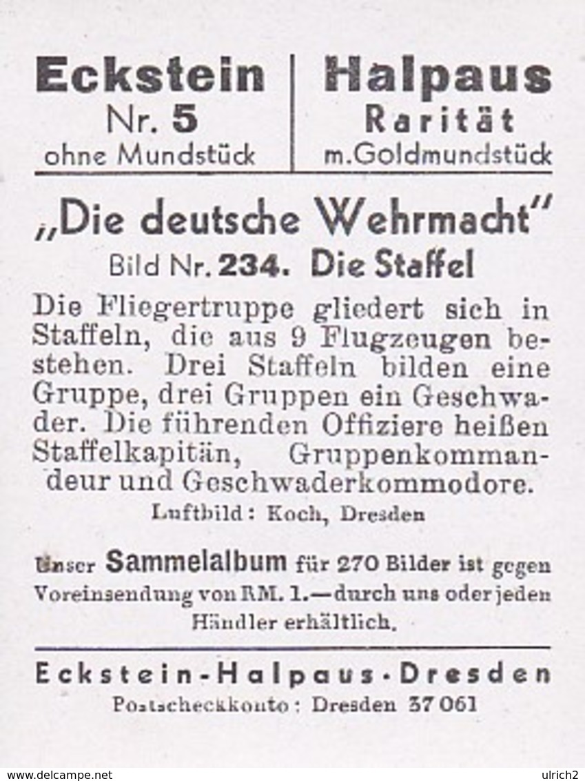 Sammelbild Eckstein-Halpaus Dresden - Die Deutsche Wehrmacht - Die Staffel - Nr. 234 - Luftwaffe (40447) - Autres Marques