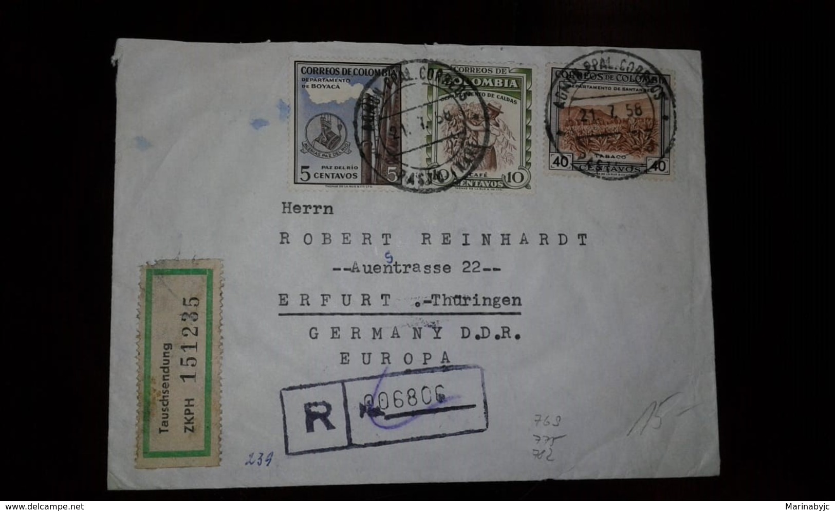 L) 1958 COLOMBIA, COFFEE, 10C, TOBACCO, 40C, DEPARTMENT OF SANTANDER, PEACE OF THE RIVER, 5C, BOYACA DEPARTMENT, CIRCUL - Colombia