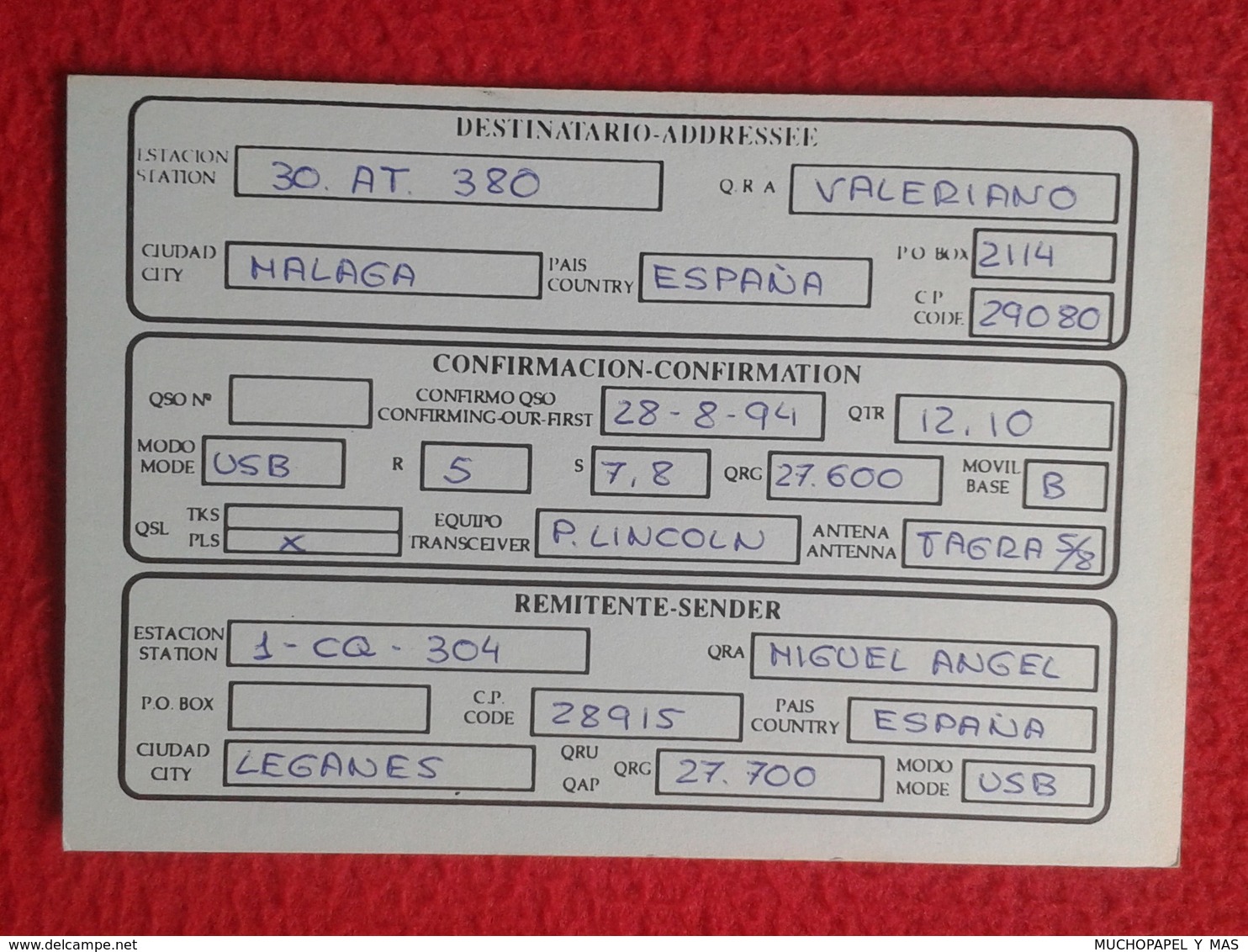 TARJETA TIPO POSTAL TYPE POST CARD QSL RADIOAFICIONADOS RADIO AMATEUR GRUPO CHARLIE QUEBEC CANADA MAP WORLD MADRID SPAIN - Otros & Sin Clasificación