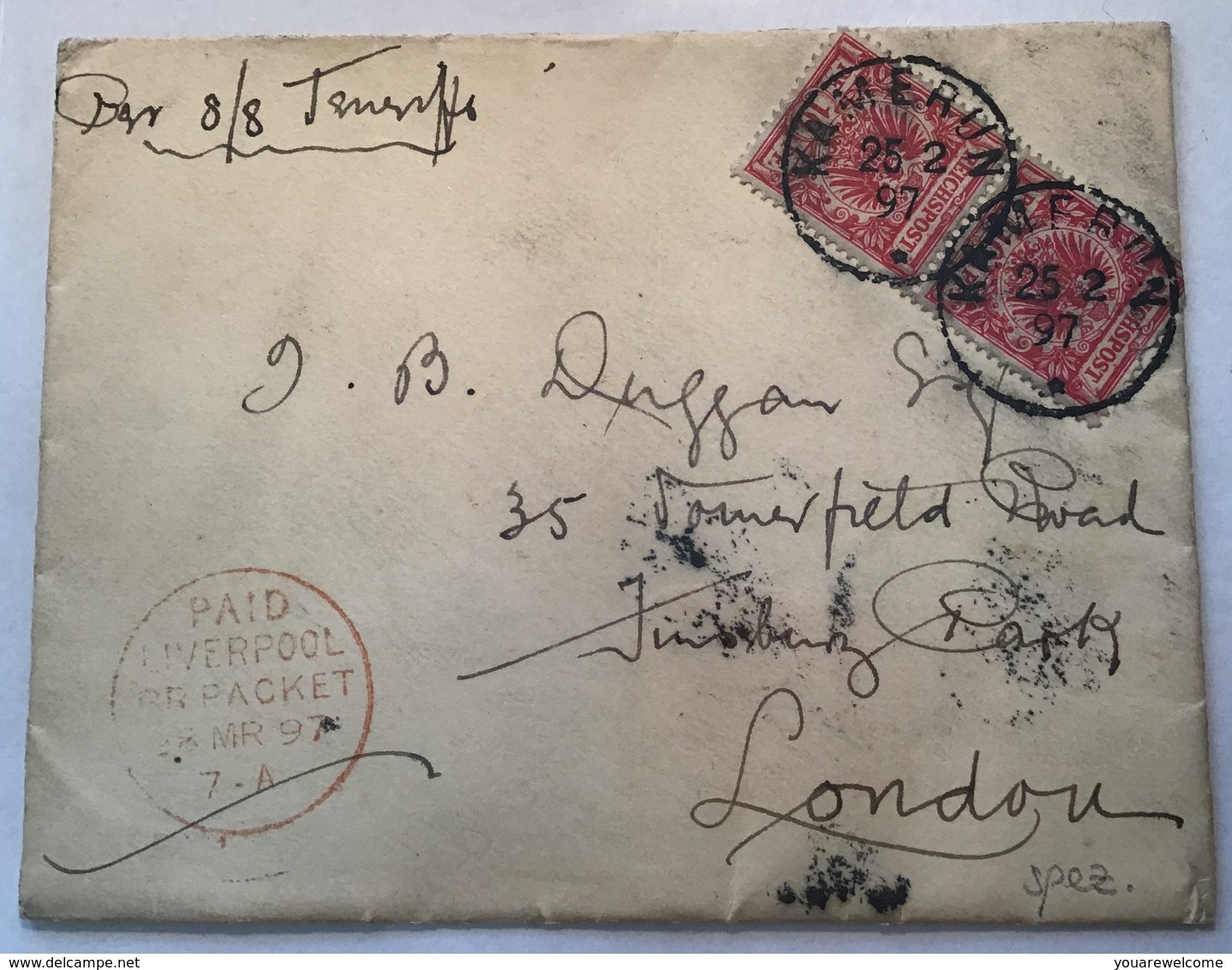 „KAMERUN 1897“ Vorläufer Mi V47 Brief S.S TENERIFFE Via “LIVERPOOL BR PACKET“ > London (Cameroun Lettre Cover Ship Mail - Kamerun