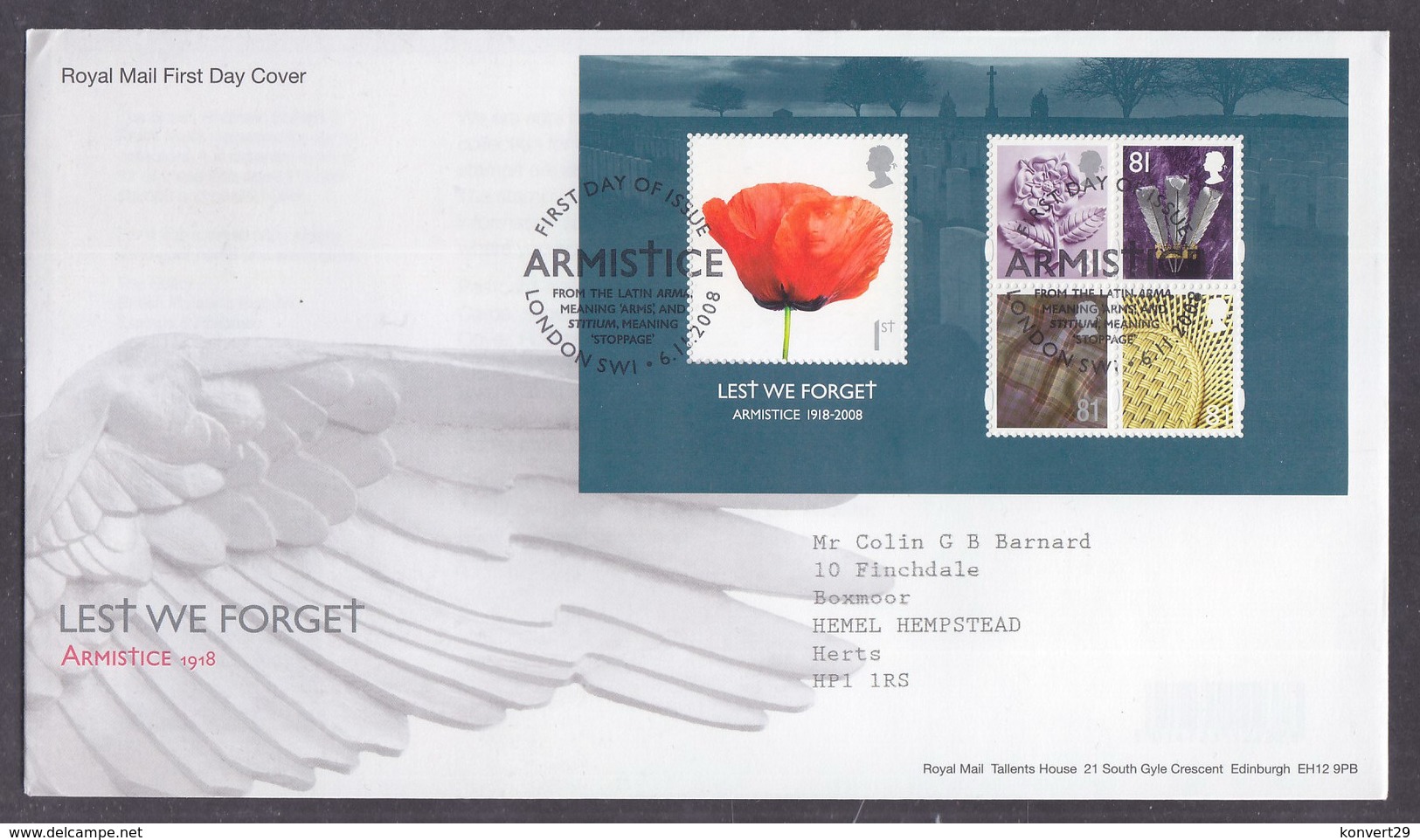 Great Britain 2008 WWI Lest We Forget  FDC - 2001-2010 Decimal Issues