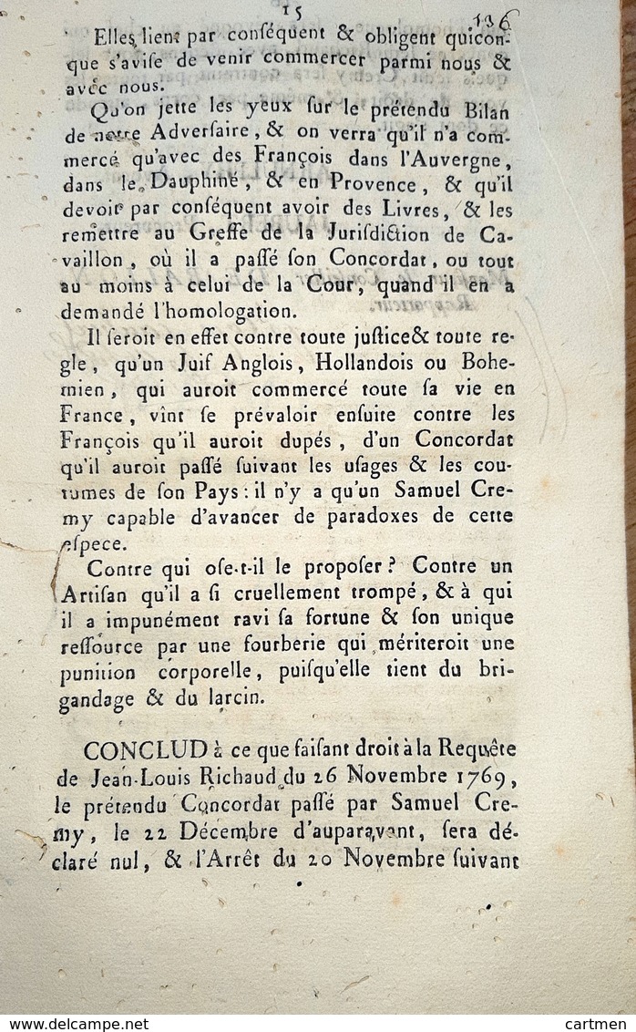 JUDAICA 13 AIX MEMOIRE ET PROCES CONTRE SAMUEL CREMY JUIF DU COMTAT 1769 - Documents Historiques