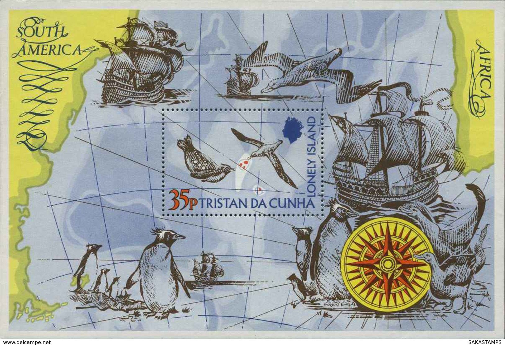 1974-(MNH=**) Tristan Da Cunha Foglietto S.1v."l'isola Solitaria, Pinguini Rosa Dei Venti Albatros Galeoni" - Tristan Da Cunha