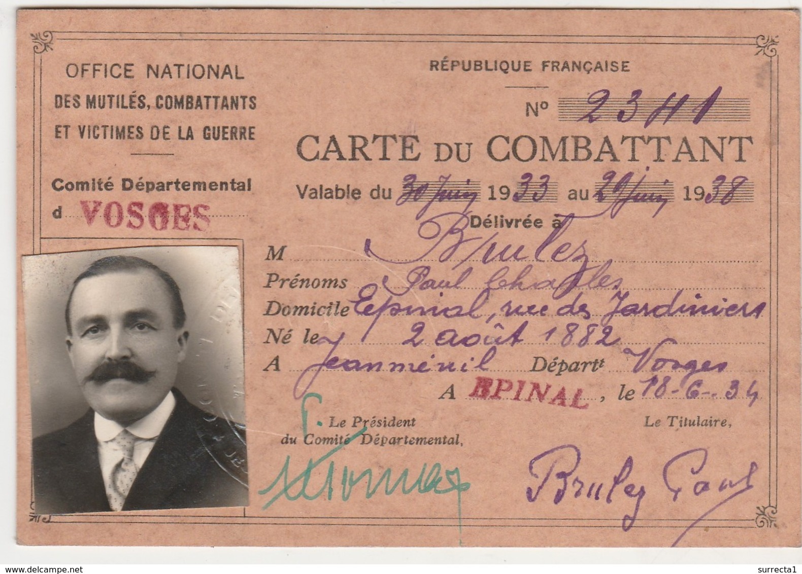 Carte Du Combattant 1934 / Brulez à Epinal 88 / Né à Jeanménil / Croix Du Combattant - Documents