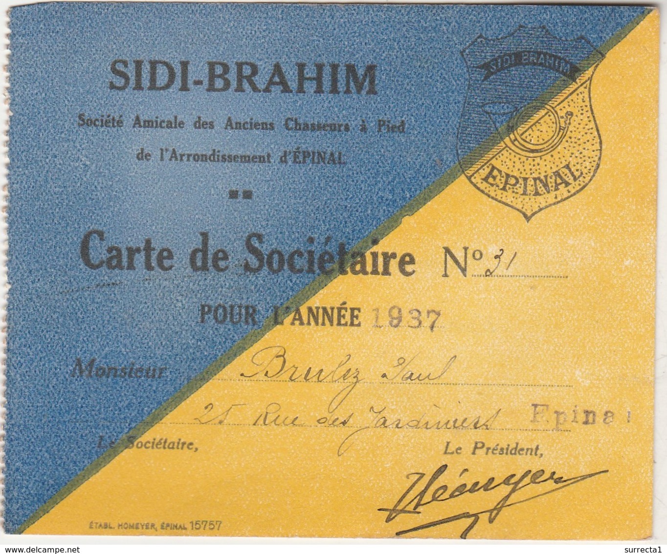 Carte SIDI-BRAHIM / 1937 / Sté Amicale Des Chasseurs à Pied / 88 Epinal - Documents