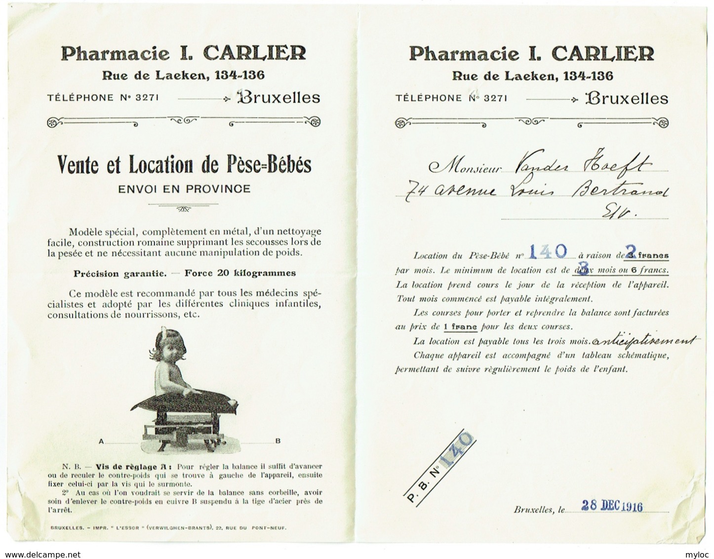 Facture. Bruxelles. Pharmacie Carlier, Rue De Laeken. Location De Pèse-Bébé. 1916. - 1900 – 1949