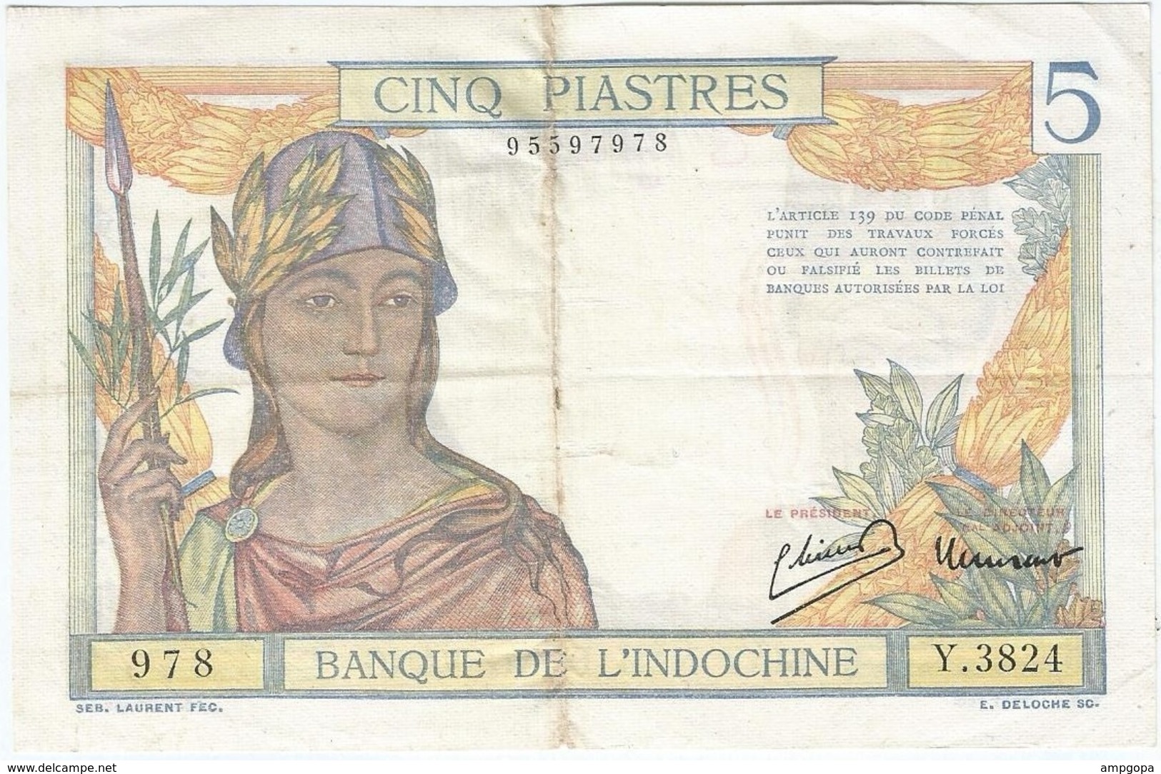 Indochina - Indochine 5 Rupees 1936 Pk 55 C Texto En Lao Antiguo, Valor Sobre Fondo Blanco En Anverso, Firma 1 - Indochina