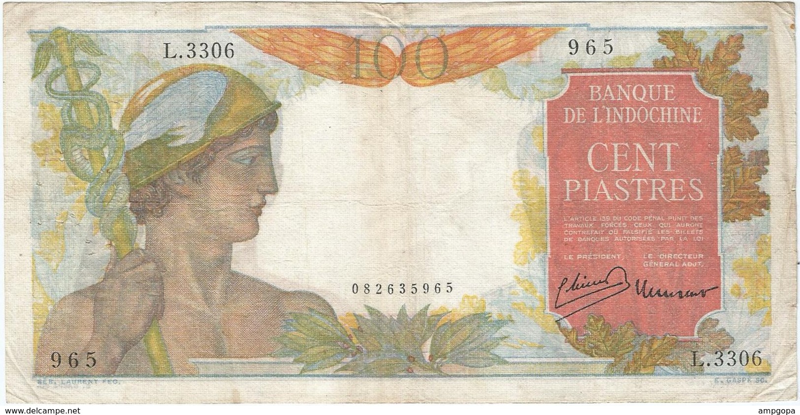 Indochina - Indochine 100 Rupees 1947 Pk 82 B Texto En Lao Actual, Firma 11 - Indochina