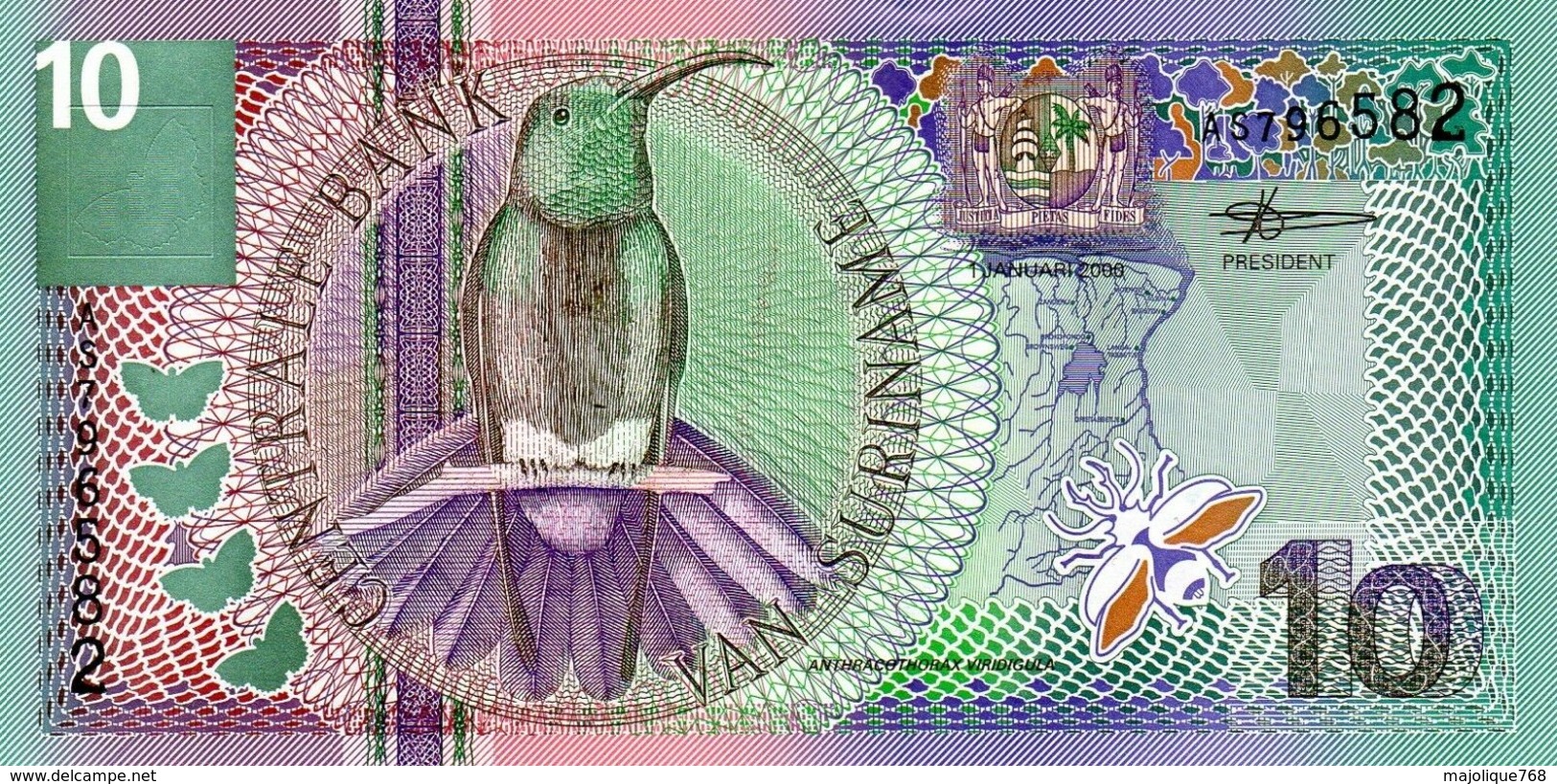 Billet De Banque Centrale Du Suriname 10 Gulden Type 1 Janvier 2000  Neuf - Suriname