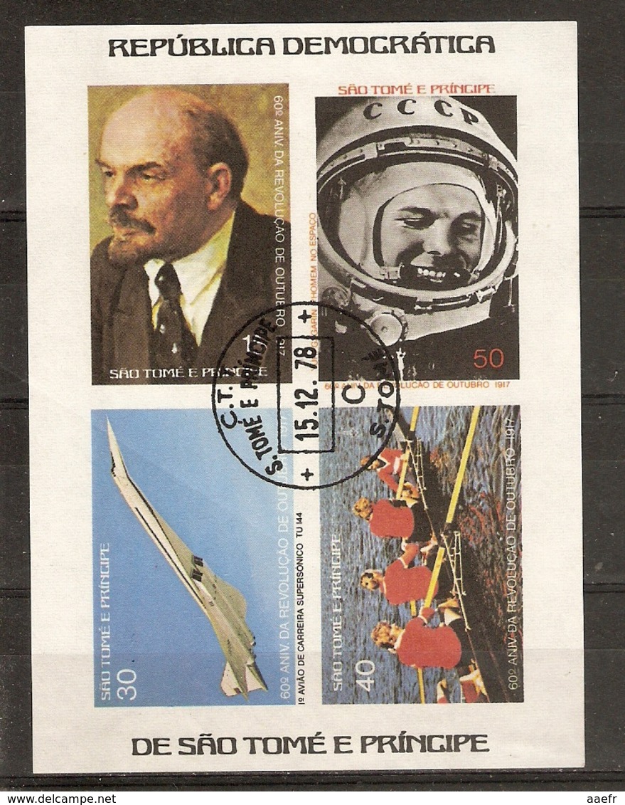 Sao Tome Et Principe 1977 - 60ème Anniversaire Révolution D'octobre - Bloc Mi 8B° - Non Dentelé - Lénine - Tupolev TU744 - Sao Tome Et Principe